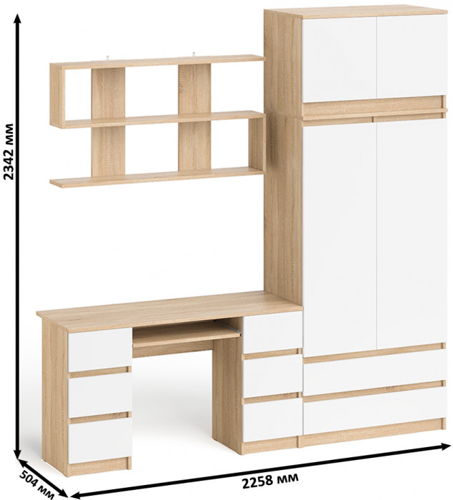 Мори компьютерный стол МС-2 + Шкаф МШ900.1 + Антресоль МА900.1 + Полка 1200, дуб сонома/белый