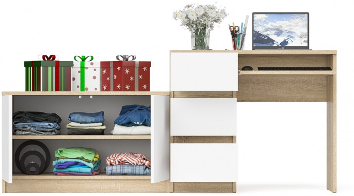 Мори компьютерный стол МС-6 левый + Тумба МА900.1, дуб сонома/белый