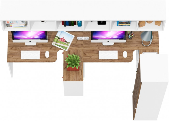 Лидер-8 Стол + Полка + Стол + Полка + Пенал МД 21Б, цвет белый шагрень/крафт золото, ШхГхВ 370х50/37,5х75/190 или 230х50/120х75/190 см., НЕ ун. сборка