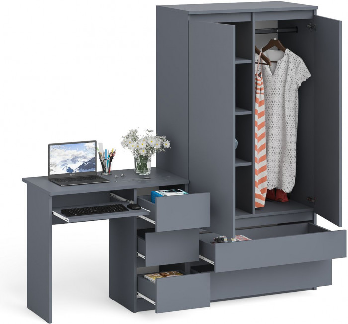 Мори Стол компьютерный МС-6 правый + Шкаф МШ900.1, цвет графит, ШхГхВ 180,4х50,4х179,6 см., выдвижные ящики справа, НЕ универсальная сборка