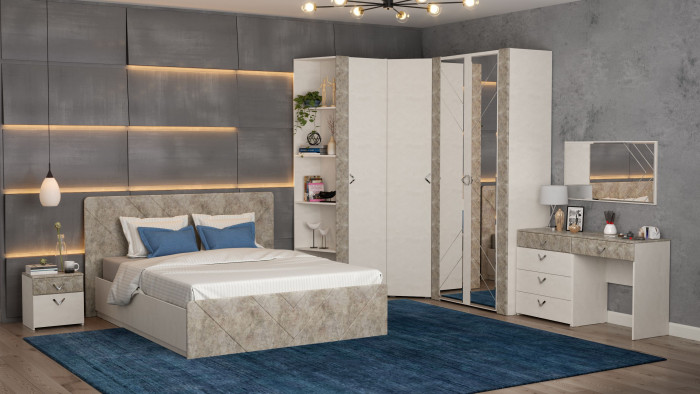 Амели Кровать 11.31 + подъёмный ортопед, цвет шёлковый камень/бетон чикаго беж, ШхГхВ 181,4х205,2х104,3 см., сп. м. 1600х2000 мм., б/м