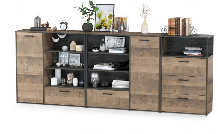 Трувор 13.307.01 Комод + 13.307.02 Комод с ящиками + 13.307.01 Комод, дуб гранж песочный/интра