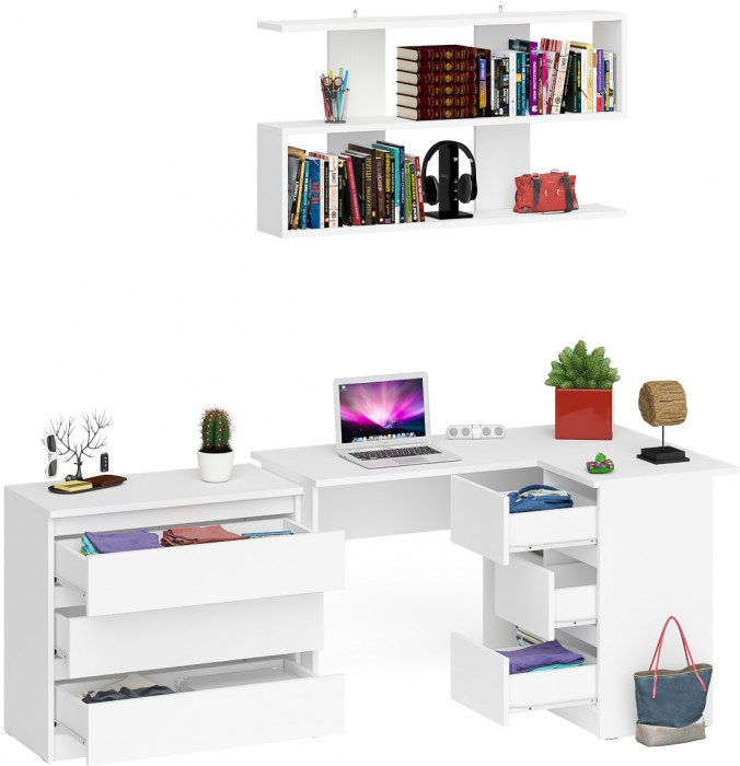Мори компьютерный стол МС-16 правый + Комод МК800.1 + Полка 1200, белый
