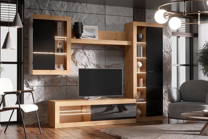 Прага Модульная Гостиная, вариант №5, вотан/Черный глянец