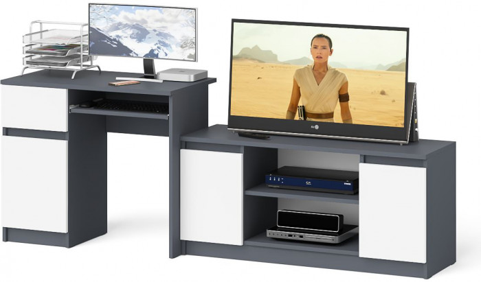 Мори Стол компьютерный МС-1 левый + Тумба МТВ1200.1, цвет графит/белый, ШхГхВ 210,4х50х76,6 см., выдвижной ящик слева, НЕ универсальная сборка