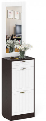 Прихожая П-6 Тумба для обуви 2 секции + Зеркало, цвет венге/фасады МДФ белое дерево фрезеровка прованс, ШхГхВ 50х35х210 см.