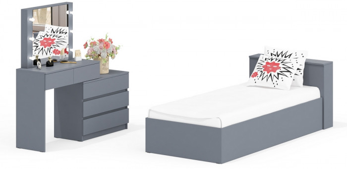 Ксения Кровать с ящиками 0900 + Стол косметический с подсветкой 110, графит