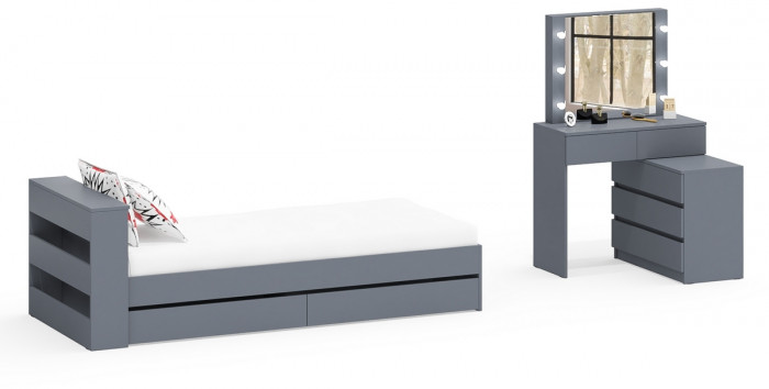 Ксения Кровать с ящиками 0900 + Стол косметический с подсветкой 110, графит