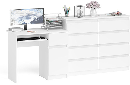Мори Стол компьютерный МС-1 правый + Комод МК1200.8, цвет белый, ШхГхВ 210,4х50х94 см., выдвижной ящик справа, НЕ универсальная сборка