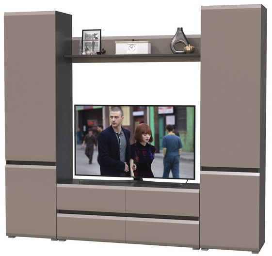 Сидней Комплектация № 047, цвет корпус: антрацит/фасады: МДФ веллюто капучино, ШхГхВ 229,9х41,3х205,2 см., ниша для ТВ 129х41х98 см., универс. сборка
