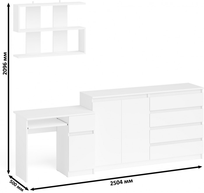 Мори компьютерный стол МС-1 левый + Комод МК1600.1 + Полка 900, белый