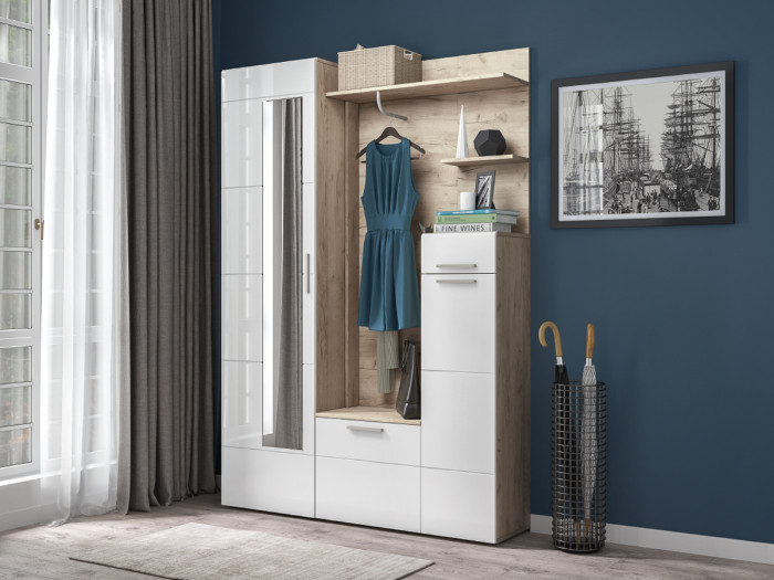 Лайн 10.16 Шкаф многоцелевого назначения, цвет дуб крафт серый/фасады МДФ белый глянец, ШхГхВ 89,8х35,1х210 см., НЕ универсальная сборка