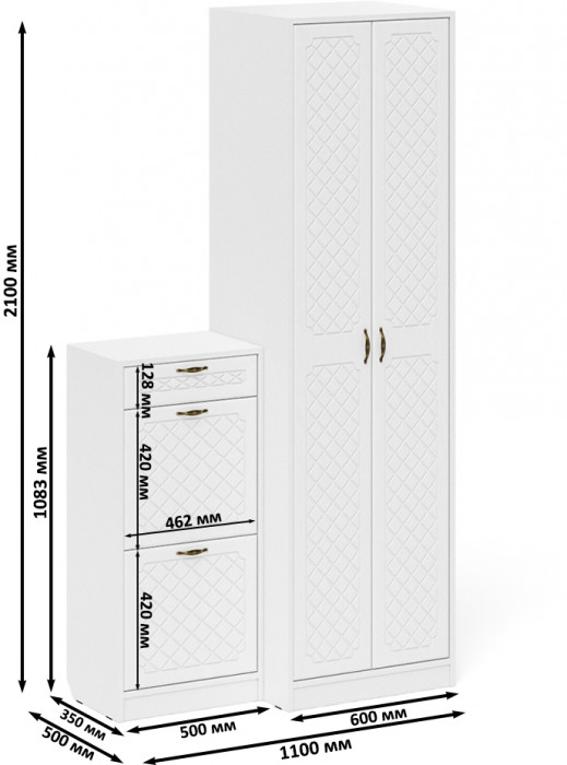 Прихожая П-6 Компоновка № 16, белая шагрень/фасады МДФ белое дерево фрезеровка ромб