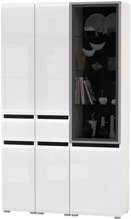 Сидней 13.202 Шкаф с ящиком 2 штуки + Шкаф-витрина 13.201, корпус: белый/чёрный/фасады: МДФ белый глянец/стекло
