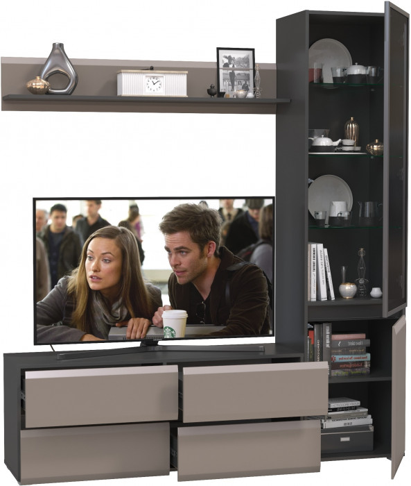 Сидней Комплектация № 048, цвет корпус: антрацит/фасады: МДФ веллюто капучино, ШхГхВ 179,9х41,3х205,2 см., ниша для ТВ 129х41х98 см., универс. сборка