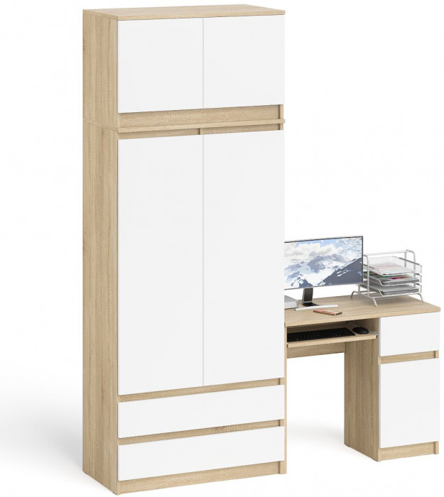 Мори компьютерный стол МС-1 правый + Шкаф МШ900.1 + Антресоль МА900.1, дуб сонома/белый