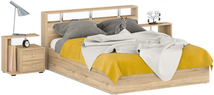 Камелия Кровать с ящиками 1600 + две тумбы, дуб сонома