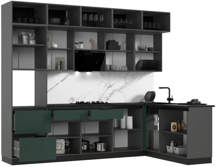 Кухня Техно-6 3,0х1,8м Графит/Браш Мени Грин