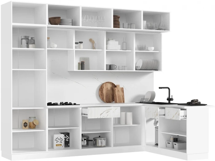 Кухня Оливия NEW 3,0х1,8м Белый глянец холодный/мрамор золото