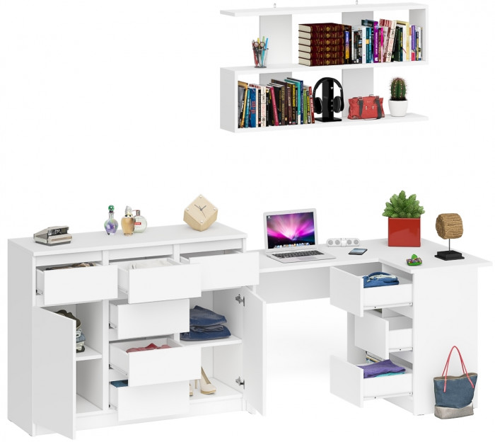 Мори компьютерный стол МС-16 правый + Комод МК1200.4 + Полка 1200, белый