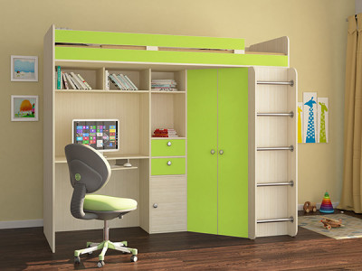 Кровать чердак Астра Дуб молочный/Салатовый