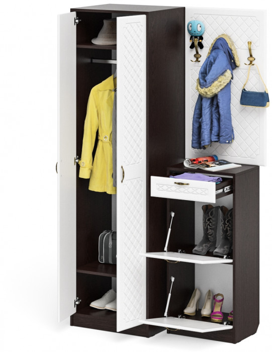 Прихожая П-6 Компоновка № 18, цвет венге/фасады МДФ белое дерево фрезеровка ромб, ШхГхВ 120х50х210 см., универсальная сборка