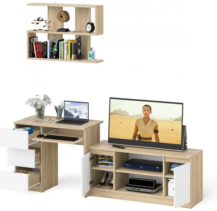 Мори компьютерный стол МС-6 левый + Тумба МТВ1200.1 + Полка 900, дуб сонома/белый