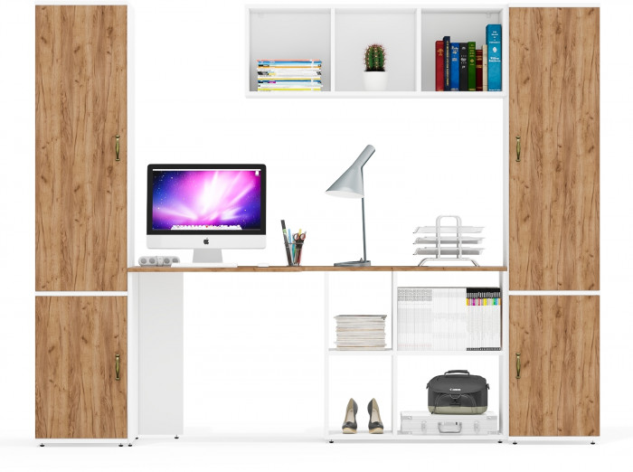 Лидер-8 Пенал МД 23Б + Стол + Полка + Пенал 22Б, цвет белый шагрень/крафт золото, ШхГхВ 245х50/37,5х75/190 или 155х120/50х75/190 см., НЕ ун.сб.