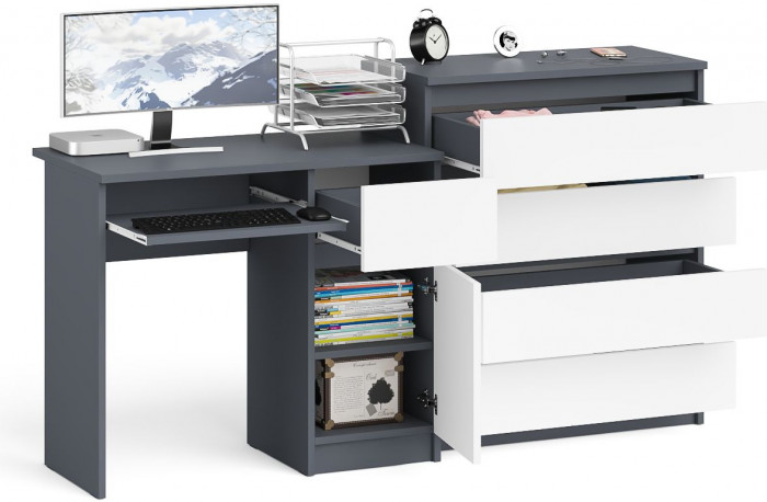 Мори компьютерный стол МС-1 правый + Комод МК800.4, графит/белый