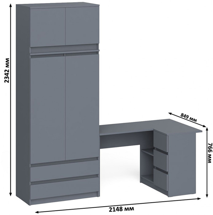 Мори Стол компьютерный МС-16 правый + Шкаф МШ900.1 + Антресоль МА900.1, цвет графит, ШхГхВ 214,8х84,9х234,2 см., выдвижные ящики справа, НЕ ун. сб.