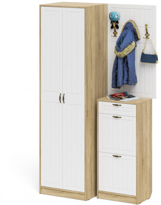 Прихожая П-6 Компоновка № 18, цвет дуб сонома/фасады МДФ белое дерево фрезеровка прованс, ШхГхВ 120х50х210 см., универсальная сборка