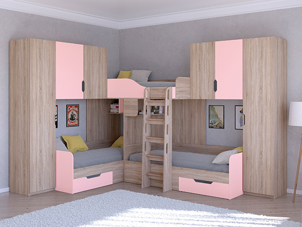 Трехместная кровать ТРИО/3 Сонома/Розовый