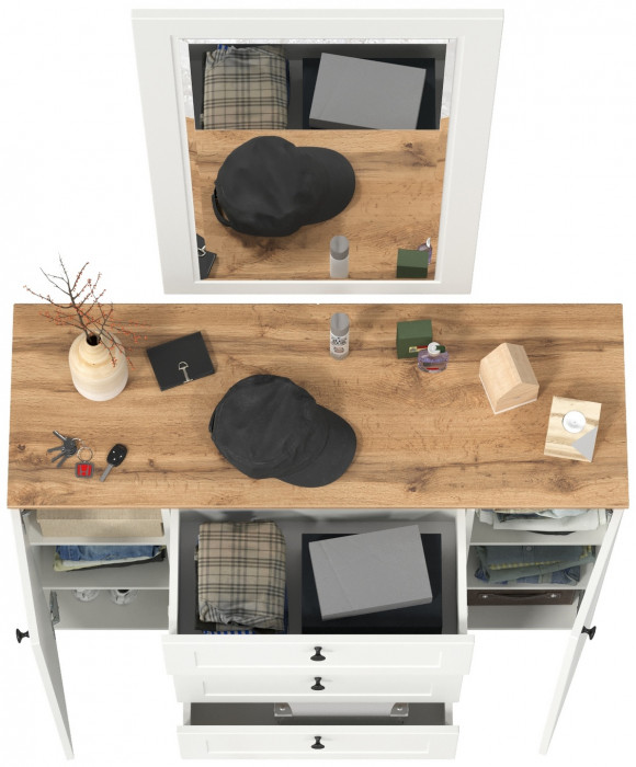 Остин 16.221 Комод + 17.03 Зеркало, белый шагрень/дуб крафт золотой