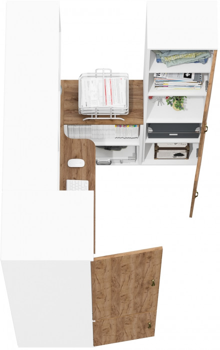 Лидер-8 Пенал МД 23Б + Стол + Полка + Пенал, цвет белый шагрень/крафт золото, ШхГхВ 245х50х75/190 или 155х120/50х75/190 см., НЕ универсальная сборка