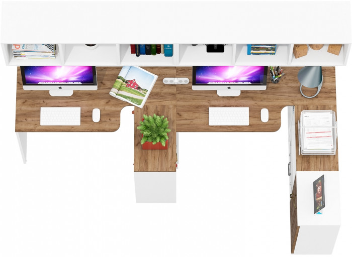 Лидер-8 Стол + Полка + Стол + Полка + Тумба МД 3.15, цвет белый шагрень/крафт золото, ШхГхВ 370х50/30х75 или 230х50/120х75 см., НЕ универс. сборка