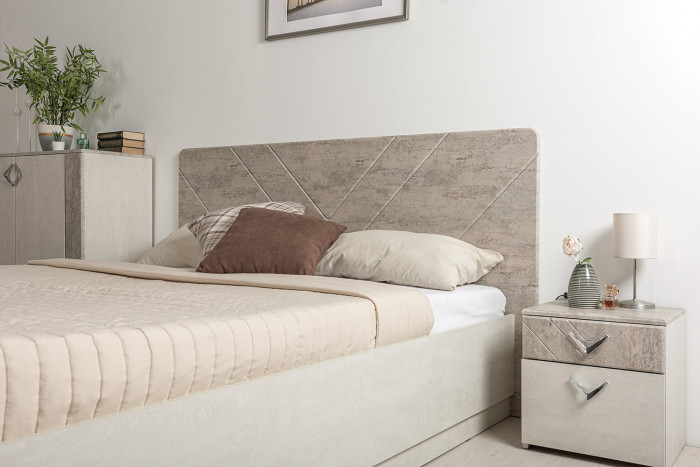Амели Спальня № 6 Две тумбочки + Кровать 11.31 + под. ортопед + Шкафы 13.140 + 13.131 + 13.133, цвет шёлк. камень/бетон чикаго беж, 1600х2000 мм, б/м
