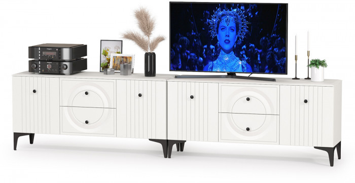 Валенсия Гостиная 16.45 Тумба под ТВ + 16.45 Тумба под ТВ, цвет ЛДСП белый шагрень/МДФ белый шагрень, ШхГхВ 266,2х38,3х63,7 см.