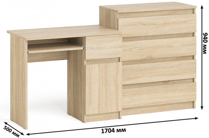 Мори компьютерный стол МС-1 правый + Комод МК800.4, дуб сонома