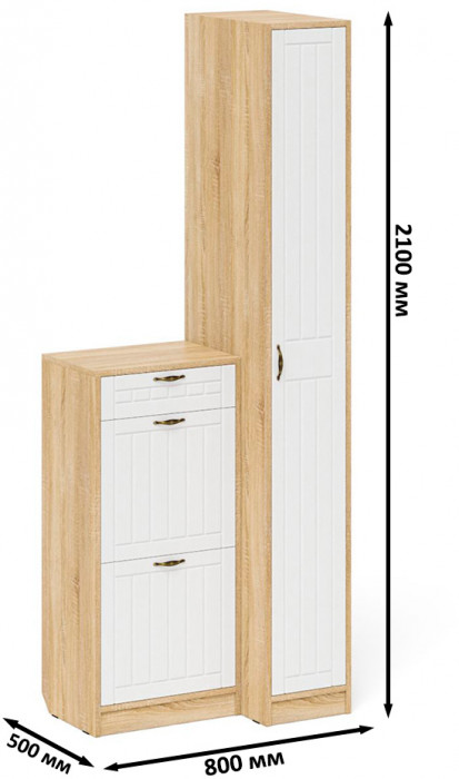 Прихожая П-6 Компоновка № 42, дуб сонома/фасады МДФ белое дерево фрезеровка прованс