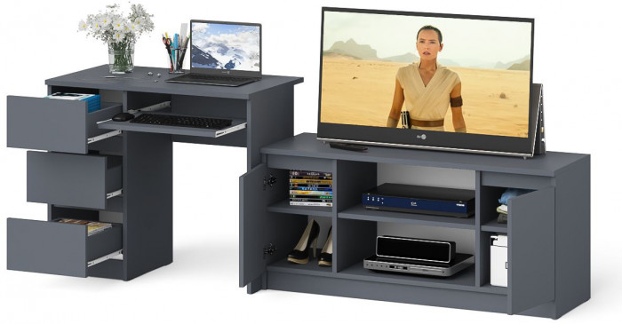 Мори компьютерный стол МС-6 левый + Тумба МТВ1200.1, графит