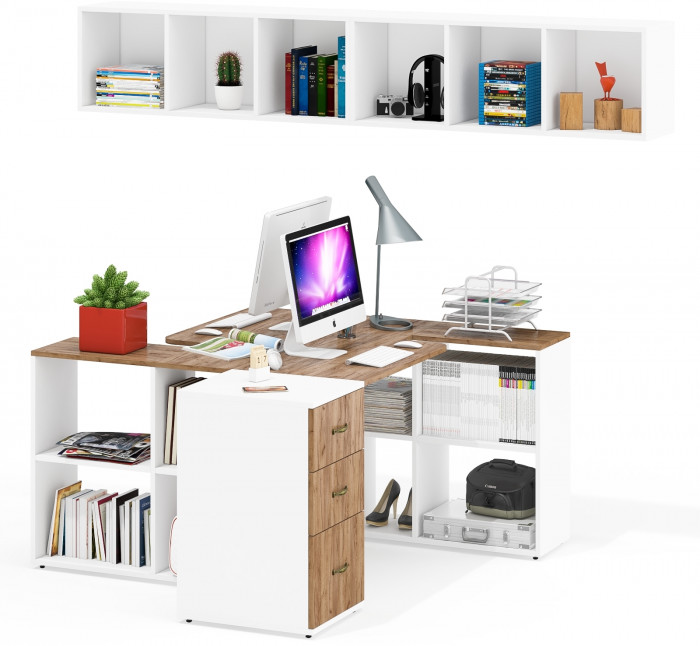 Лидер-8 Стол + Полка + Стол + Полка + Тумба МД 3.16, цвет белый шагрень/крафт золото, ШхГхВ 370х50/30х75/190 или 270х80/50х75/190 , НЕ универс. сборка