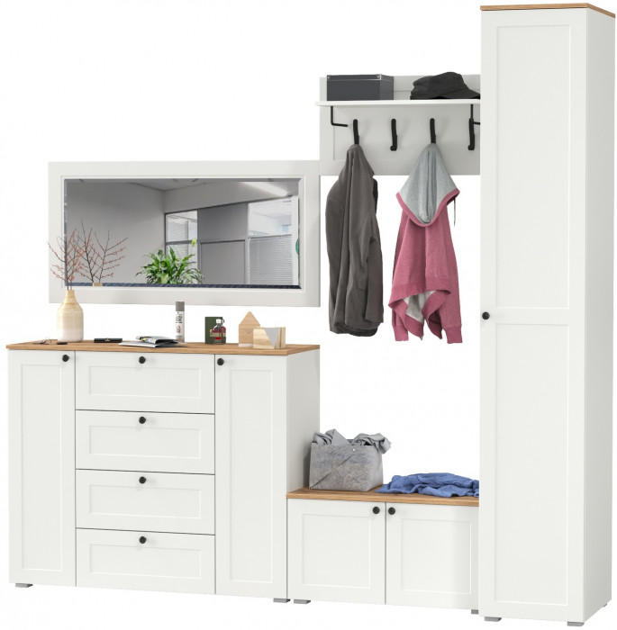 Остин Прихожая 51, цвет белый шагрень/дуб крафт золотой, ШхГхВ 240х54,3х229,6 см., универсальная сборка