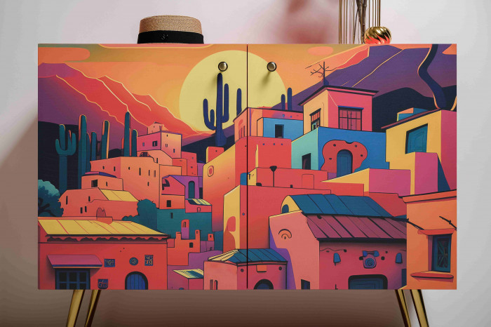 Кармин Комод-тумба 16.230.03, цвет красный/белый, ШхГхВ 115,3х42,6х93,2 см., фасады с рисунком Бразильские домики, две дверки