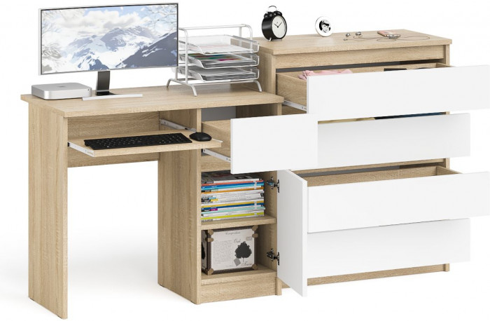 Мори компьютерный стол МС-1 правый + Комод МК800.4, дуб сонома/белый