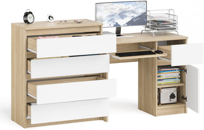 Мори компьютерный стол МС-1 правый + Комод МК800.4, дуб сонома/белый
