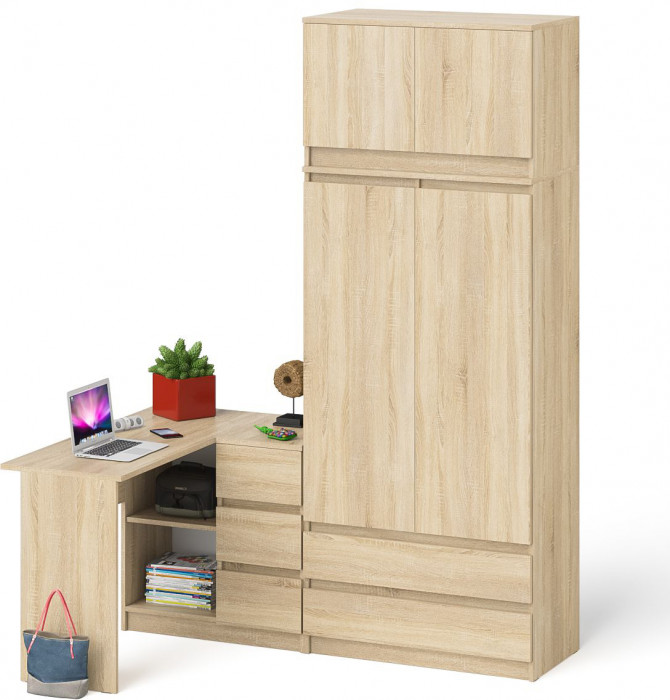 Мори Стол компьютерный МС-16 правый + Шкаф МШ900.1 + Антресоль МА900.1, цвет дуб сонома, ШхГхВ 214,8х84,9х234,2 см., выдвиж. ящики справа, НЕ ун. сб.