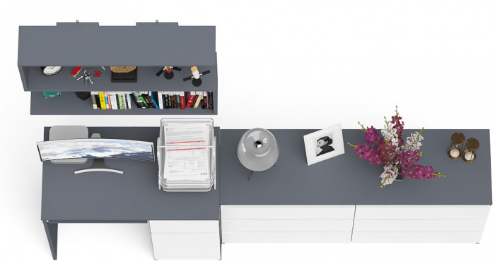 Мори Стол компьютерный МС-1 правый + Комод МК1380.6 + Полка 900, цвет графит/белый, ШхГхВ 228х50х209,6 см., НЕ универсальная сборка