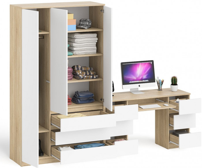 Мори Стол компьютерный МС-2 + Шкаф МШ1200.1, цвет дуб сонома/белый, ШхГхВ 255,8х50,4х209,6 см., универсальная сборка