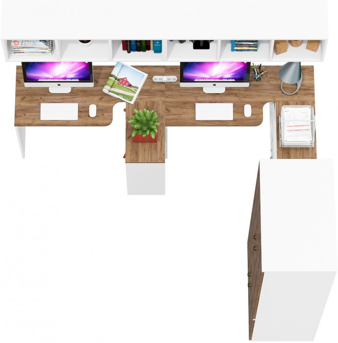 Лидер-8 Стол + Полка + Стол + Полка + Шкаф МД 19Б + Тумба МД 3.15, цвет белый шагрень/крафт золото, 450х50х75/190 или 230х200/50х75/190, НЕ ун. сб.