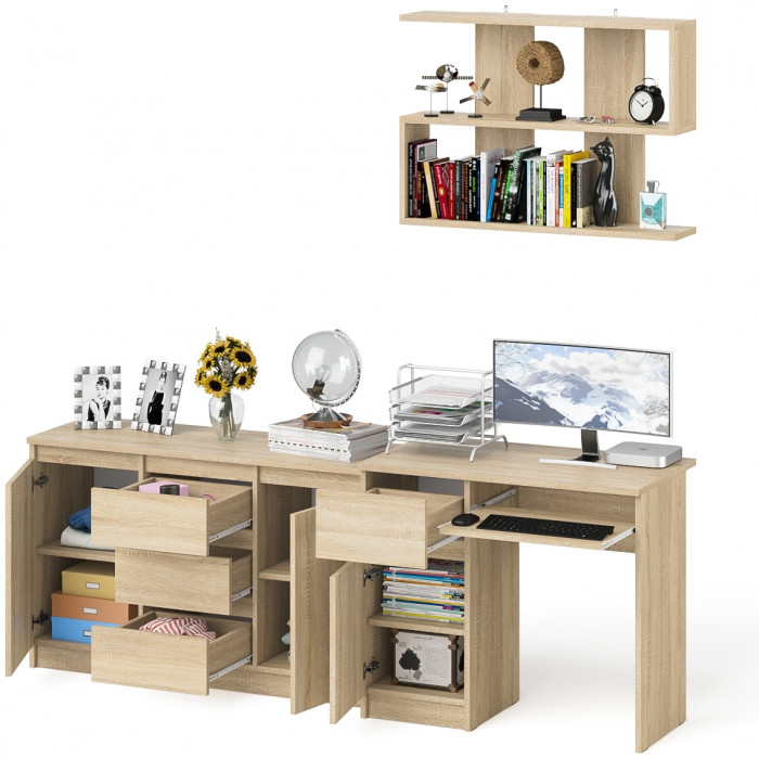 Мори Стол компьютерный МС-1 левый + Комод МК1200.3 + Полка 900, цвет дуб сонома, ШхГхВ 210,4х50х209,6 см., НЕ универсальная сборка